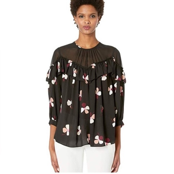 KATE SPADE Black Floral ruffle blouse NWOT preppy cute chic spring chiffon sz S - Picture 3 of 14